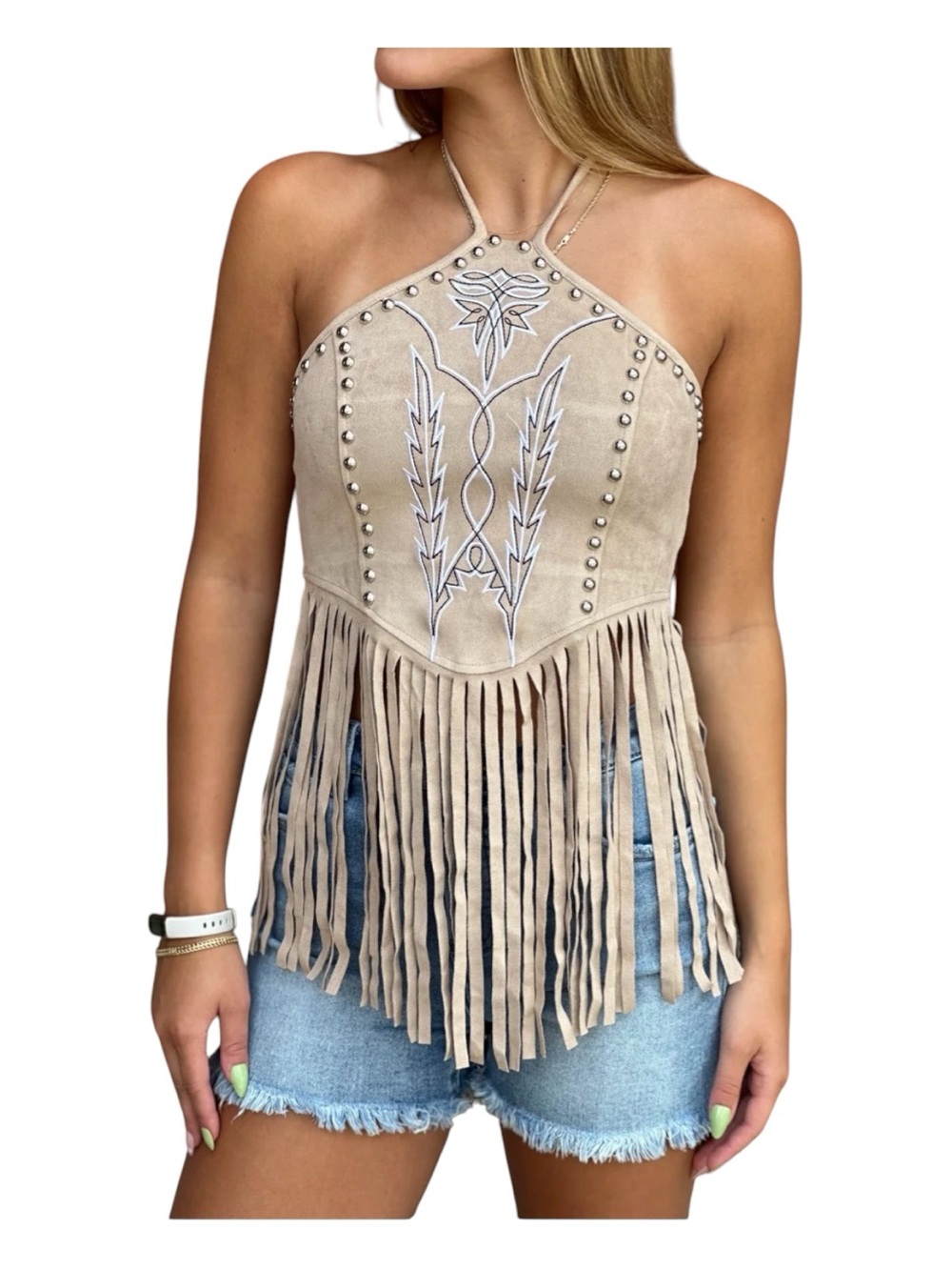 LUCKY & BLESSED Tan Faux Suede Halter Fringe Top